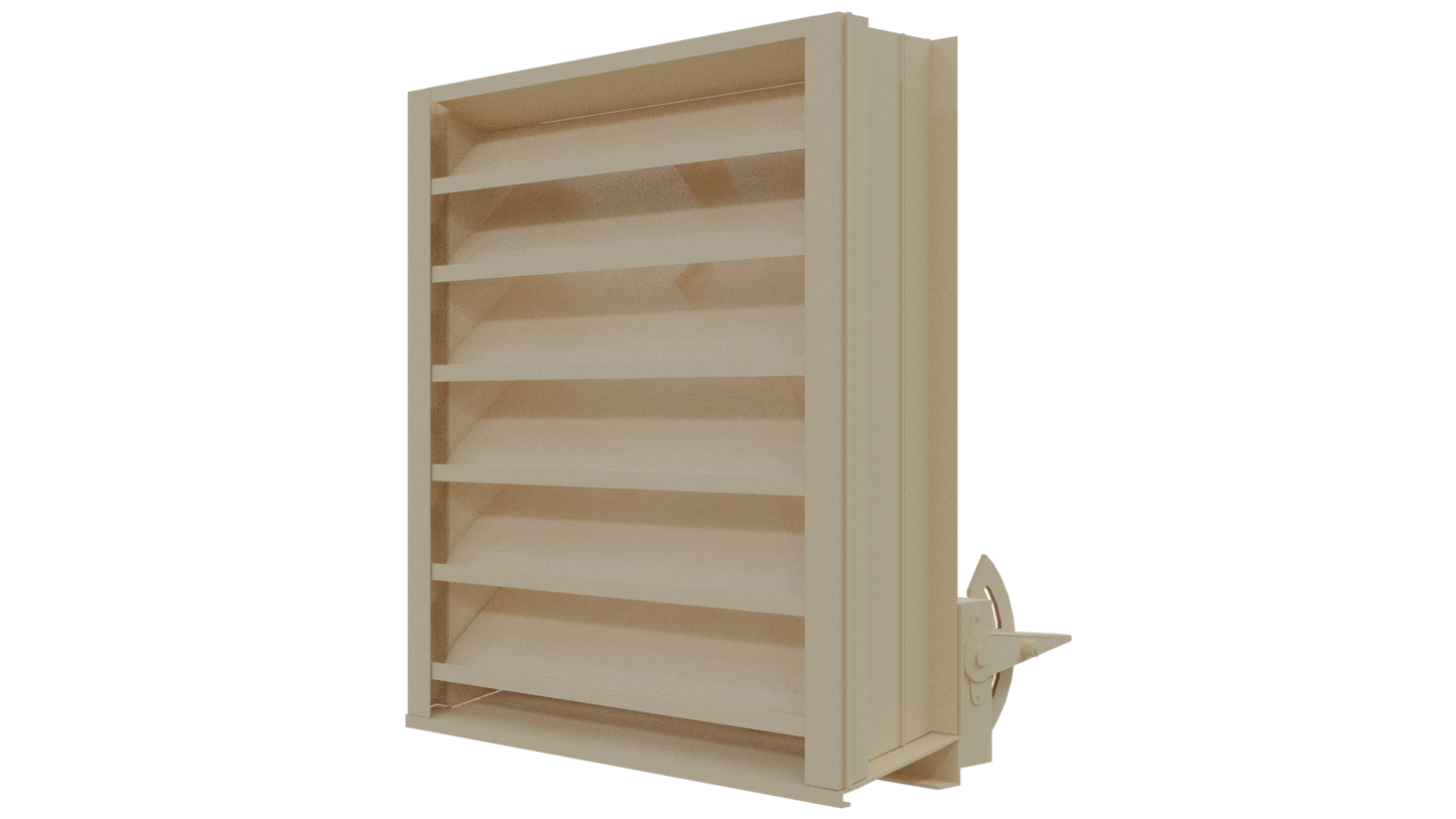 Aire Technologies 438-CD Combination Drainable and Adjustable Louver, beige metal with multiple horizontal slats and side-mounted manual control lever, AMCA-certified, available in custom sizes, isolated on a white background.