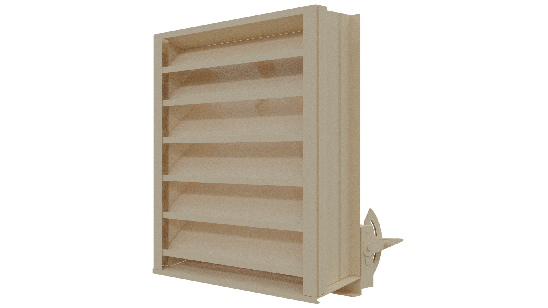 Aire Technologies 438-CD Combination Drainable and Adjustable Louver, beige metal with multiple horizontal slats and side-mounted manual control lever, AMCA-certified, available in custom sizes, isolated on a white background.
