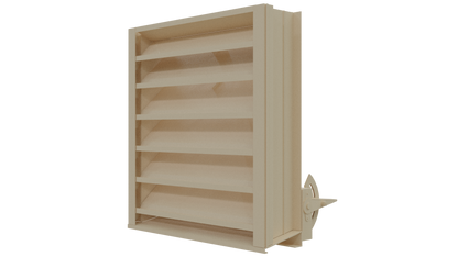 Aire Technologies 438-CD Combination Drainable and Adjustable Louver, beige metal with multiple horizontal slats and side-mounted manual control lever, AMCA-certified, available in custom sizes, isolated on a white background.