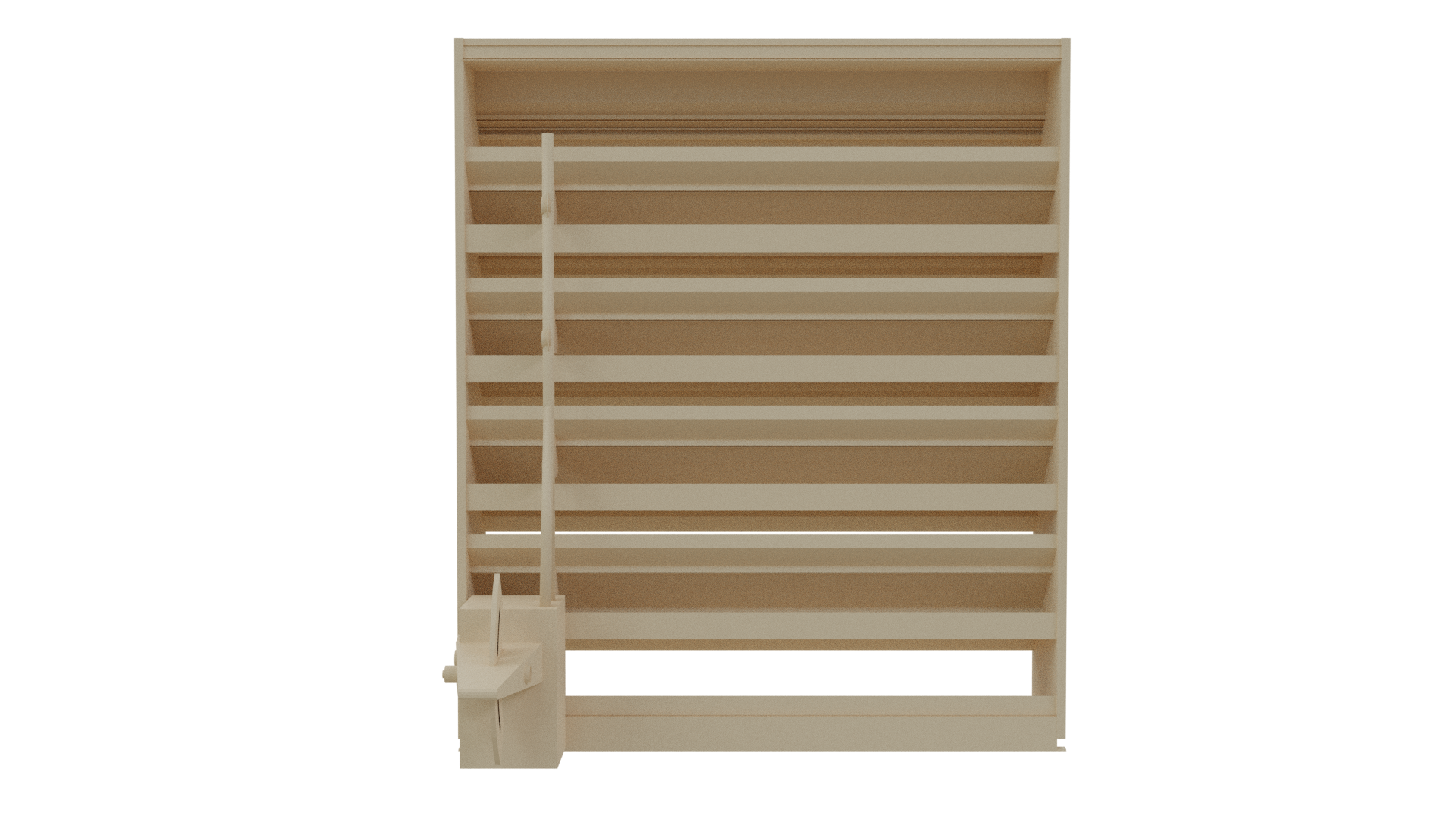 The Aire Technologies 638-CD Combination Drainable and Adjustable Louver features multiple angled shelves, resembling a wooden bookshelf, with a built-in crank mechanism on the lower left side.