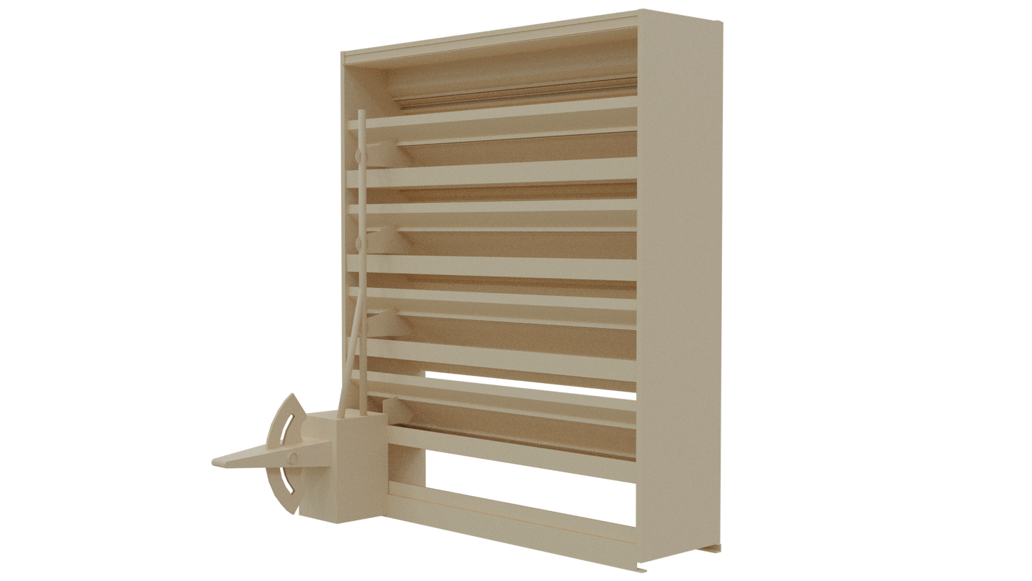 The Aire Technologies 638-CD Combination Drainable and Adjustable Louver, in beige, features multiple tiers with angled compartments and a geometric attachment on the lower left, displayed against a plain white background.