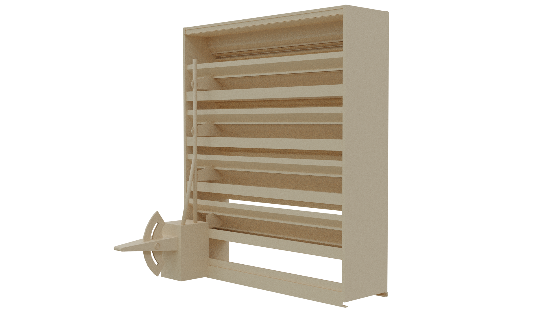 The Aire Technologies 638-CD Combination Drainable and Adjustable Louver, in beige, features multiple tiers with angled compartments and a geometric attachment on the lower left, displayed against a plain white background.