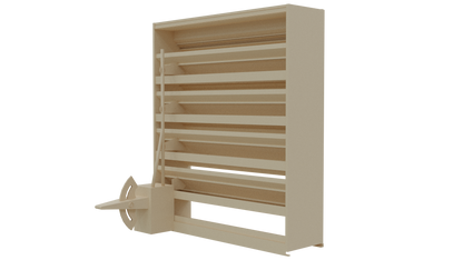 The Aire Technologies 638-CD Combination Drainable and Adjustable Louver, in beige, features multiple tiers with angled compartments and a geometric attachment on the lower left, displayed against a plain white background.