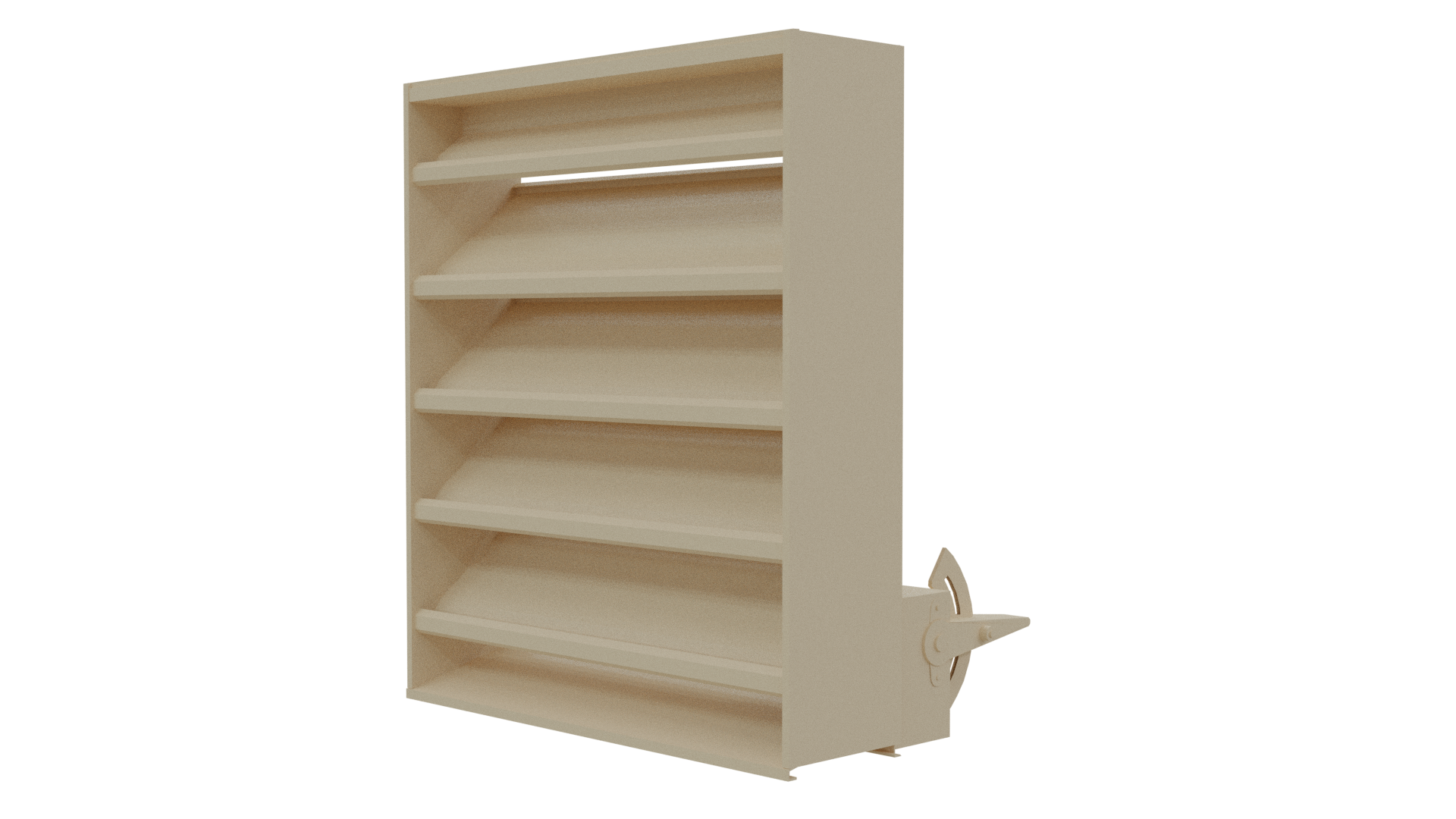 The Aire Technologies 638-CD Combination Drainable and Adjustable Louver in beige features four slanted shelves, a right-side handwheel, and adjustable louvers, shown against a plain white background.