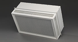 EP Custom Offset Four Way Throw Right Angle Concentric Diffuser with a slanted protective cover for directional airflow, displayed against a plain dark background.