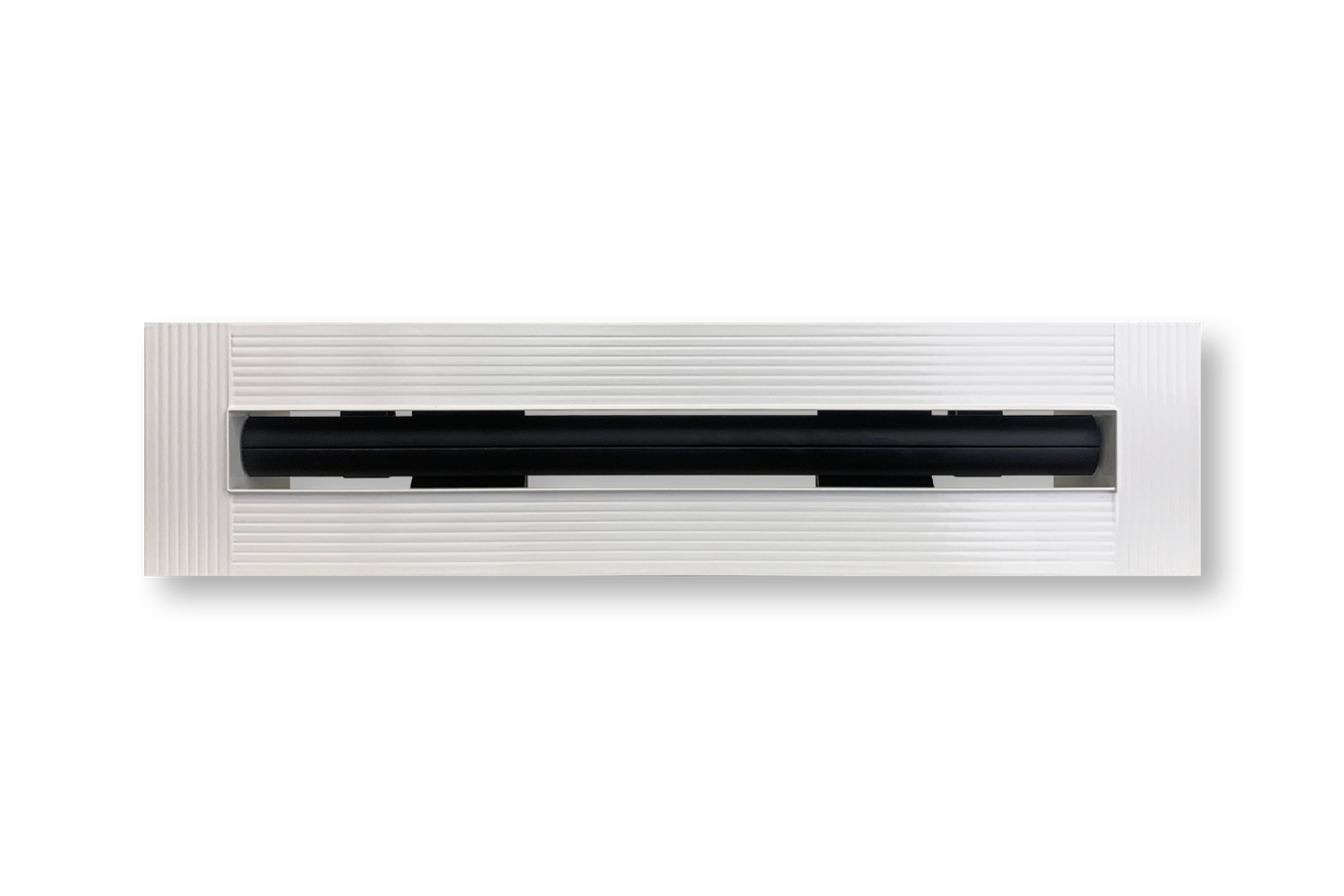 The Dayus Slot Linear Diffuser w/ Mud-In Flange - DASLJ is a rectangular white diffuser with horizontal ridges and a central black slot, mounted on a white surface; available in custom sizes for seamless installation.