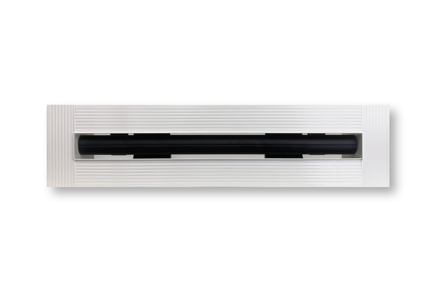 The Dayus Slot Linear Diffuser w/ Mud-In Flange - DASLJ is a rectangular white diffuser with horizontal ridges and a central black slot, mounted on a white surface; available in custom sizes for seamless installation.