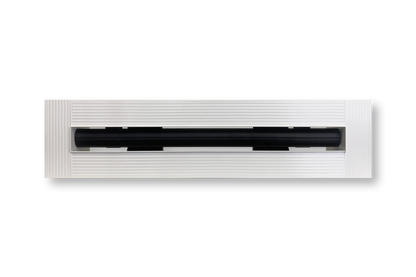 The Dayus Slot Linear Diffuser w/ Mud-In Flange - DASLJ is a rectangular white diffuser with horizontal ridges and a central black slot, mounted on a white surface; available in custom sizes for seamless installation.