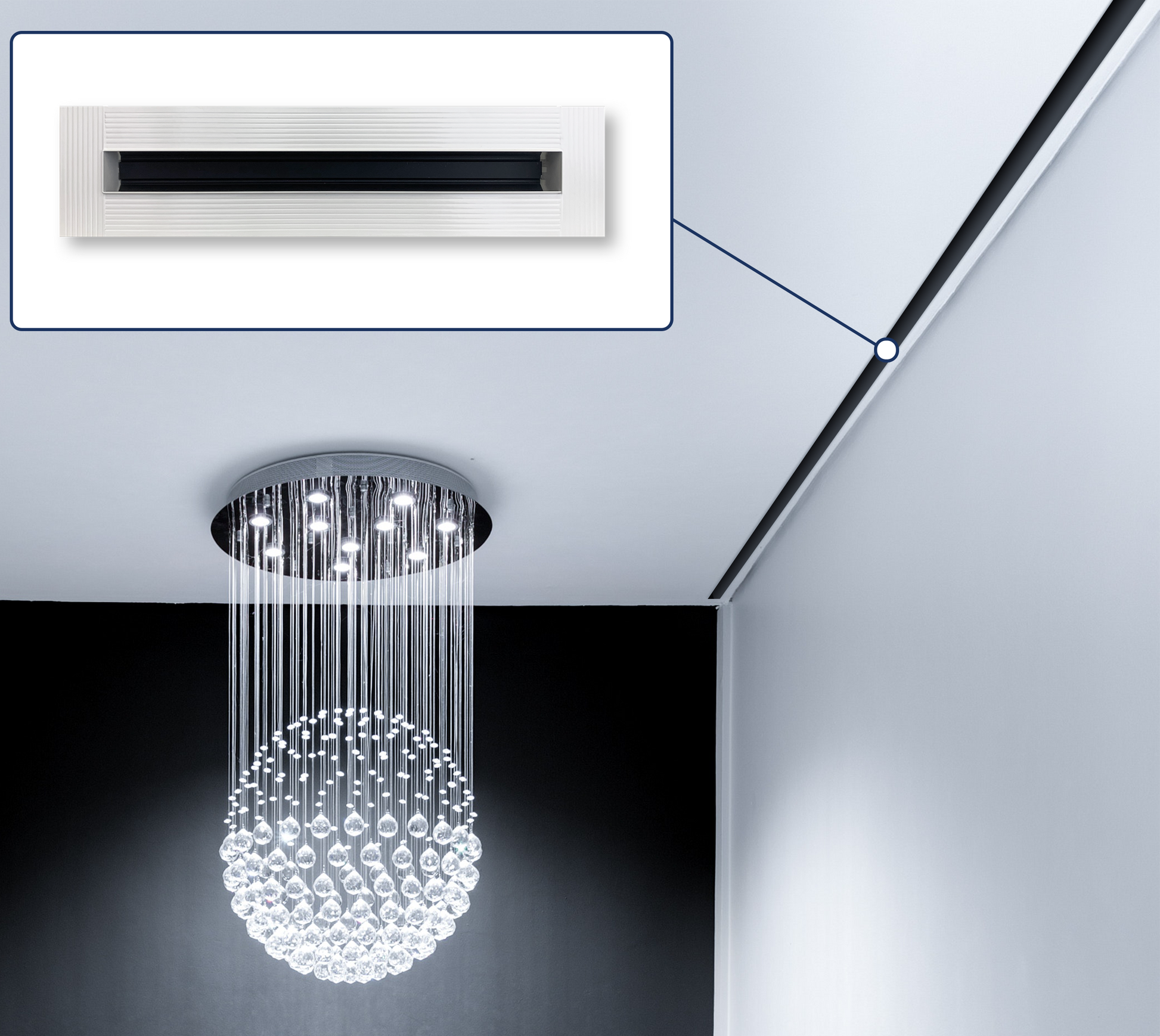 A modern chandelier with hanging glass spheres is mounted on the ceiling; a close-up detail highlights the Dayus Slot Linear Diffuser w/ Mud-In Flange (DASLJ) installed along the ceiling edge.