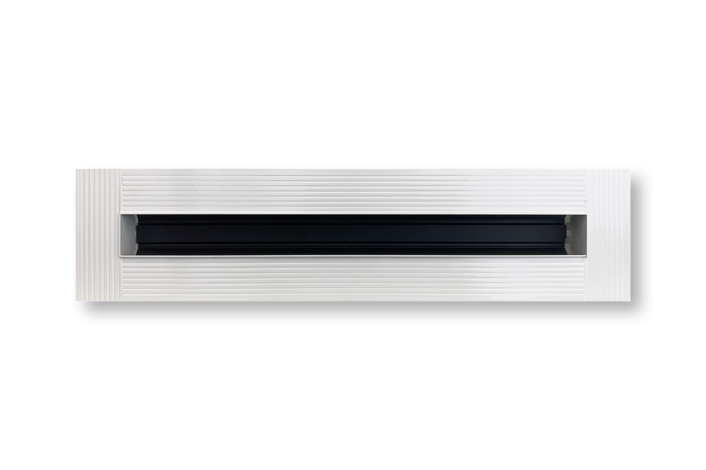 Dayus Slot Linear Diffuser w/ Mud-In Flange - DASLJ features a rectangular white design with a central black slot and ribbed edges, shown on a white background. Custom sizes and mud-in flange options available.