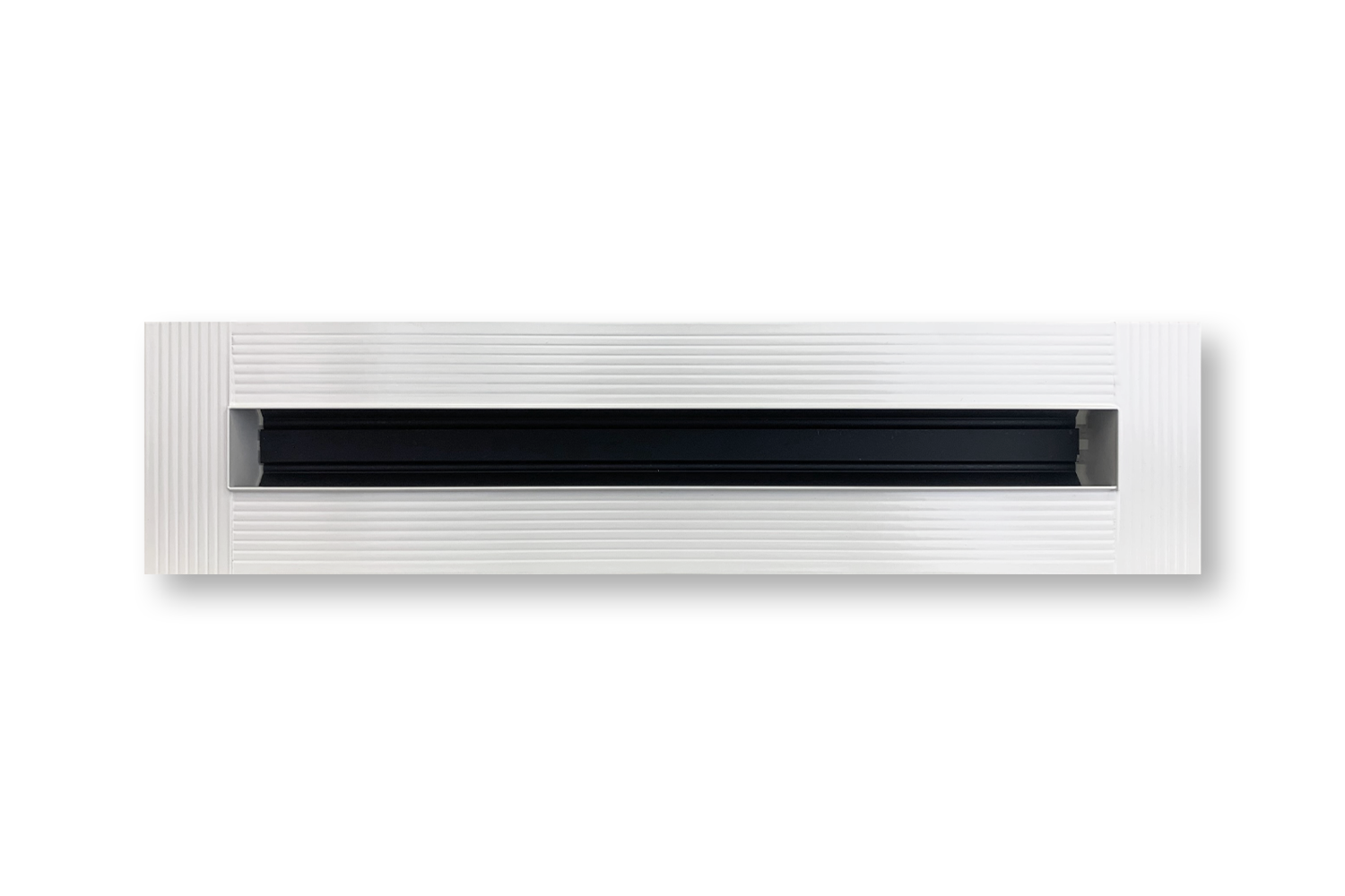 Dayus Slot Linear Diffuser w/ Mud-In Flange - DASLJ features a rectangular white design with a central black slot and ribbed edges, shown on a white background. Custom sizes and mud-in flange options available.