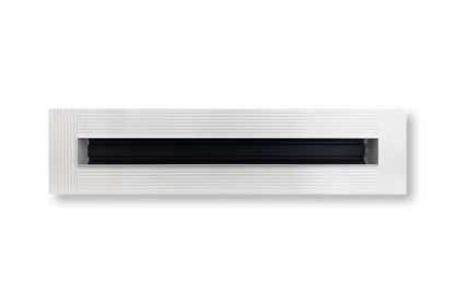 Dayus Slot Linear Diffuser w/ Mud-In Flange - DASLJ features a rectangular white design with a central black slot and ribbed edges, shown on a white background. Custom sizes and mud-in flange options available.