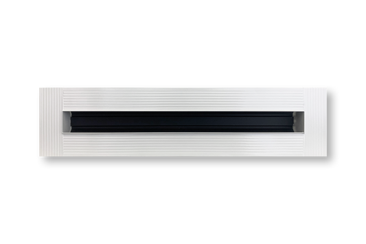 Dayus Slot Linear Diffuser w/ Mud-In Flange - DASLJ features a rectangular white design with a central black slot and ribbed edges, shown on a white background. Custom sizes and mud-in flange options available.