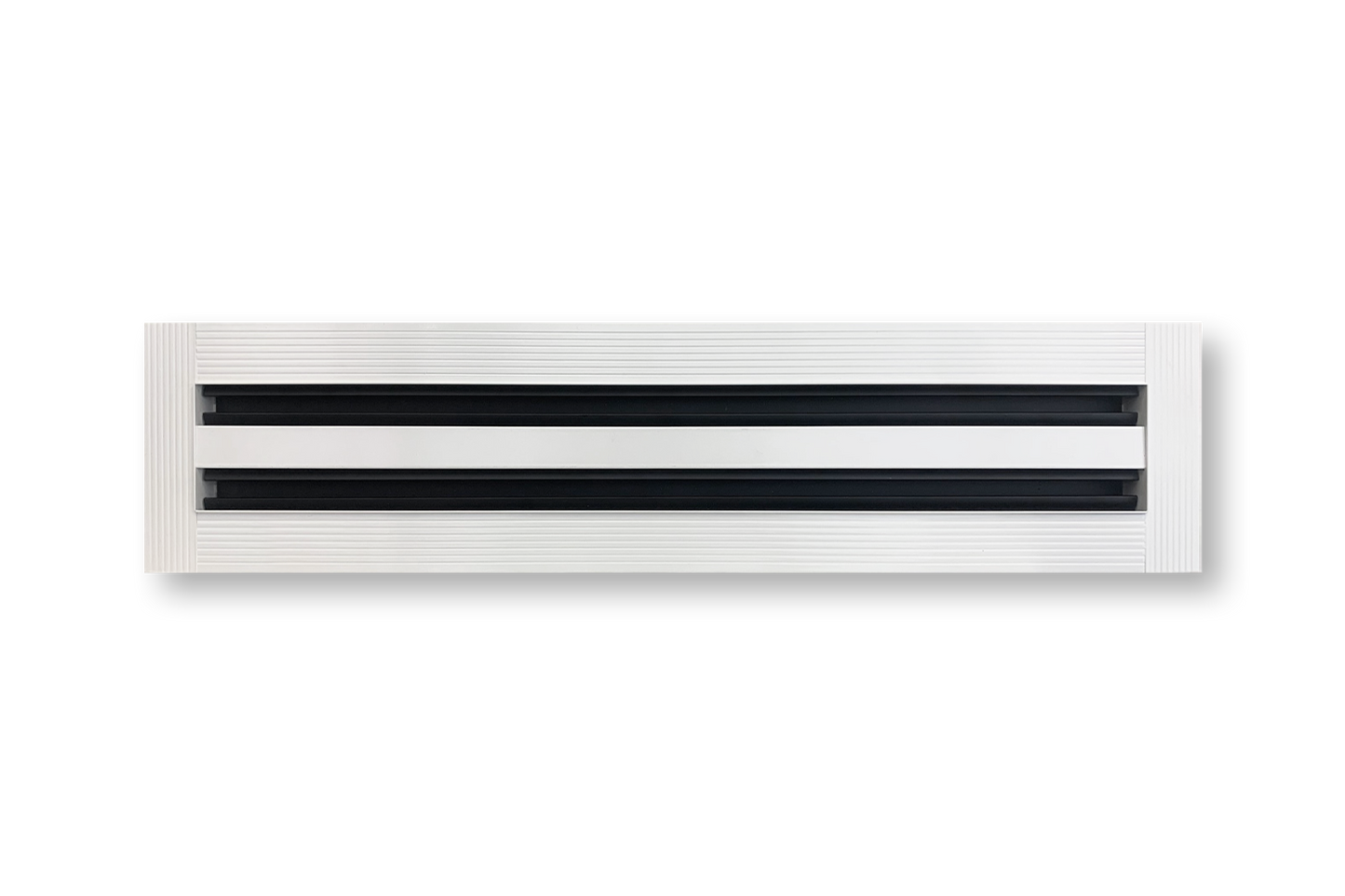 Dayus Slot Linear Diffuser w/ Mud-In Flange - DASLJ: rectangular white air vent with two narrow horizontal black slats, mounted on a plain white background. Custom sizes available.