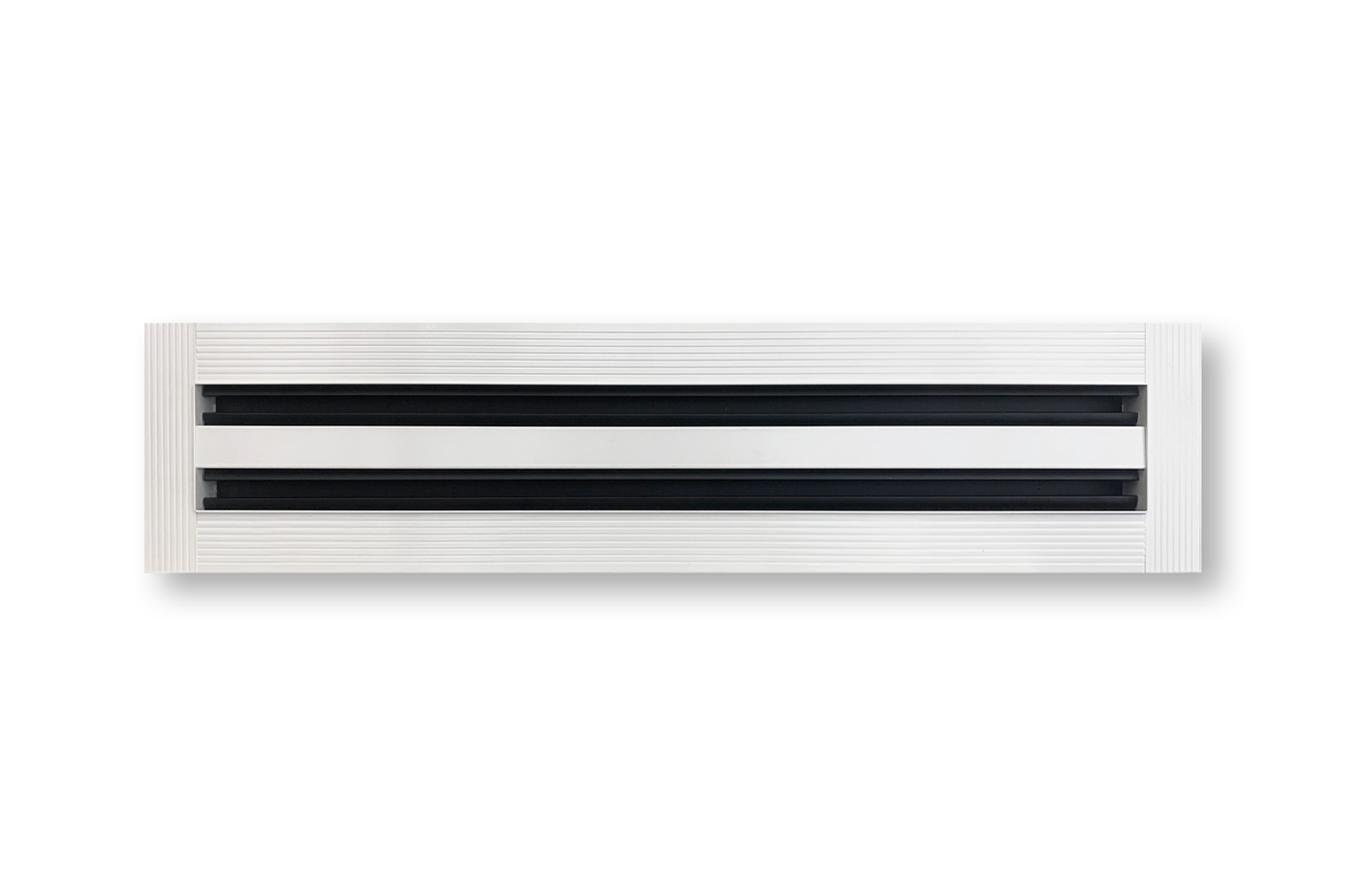 Dayus Slot Linear Diffuser w/ Mud-In Flange - DASLJ: rectangular white air vent with two narrow horizontal black slats, mounted on a plain white background. Custom sizes available.