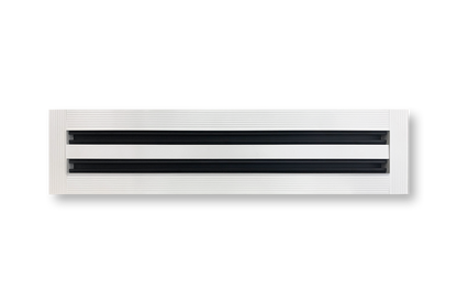 Dayus Slot Linear Diffuser w/ Mud-In Flange - DASLJ: rectangular white air vent with two narrow horizontal black slats, mounted on a plain white background. Custom sizes available.