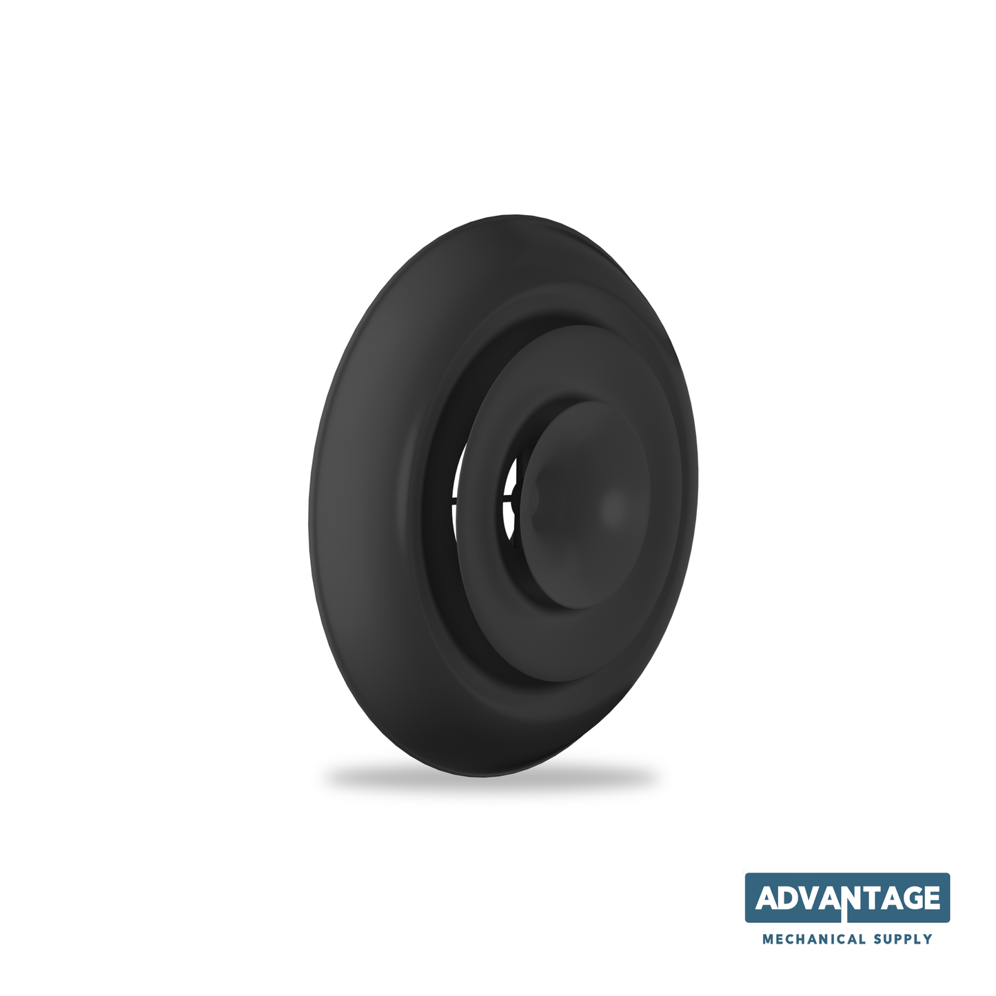 The Advantage Mechanical Supply Round Supply Ceiling Diffuser - DCF features a black circular design with a central dome for 360° air distribution, shown on a white background with the company logo in the bottom right corner.