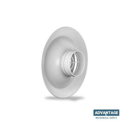 The Round Supply Ceiling Diffuser - DCF features adjustable fins for 360° air distribution and is shown at an angle, with the Advantage Mechanical Supply logo in the bottom right corner.