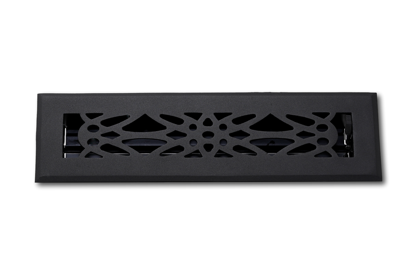 The Madelyn Carter Cast Aluminum Empire Vent Cover in black features a decorative cutout pattern and is displayed against a plain light gray background.