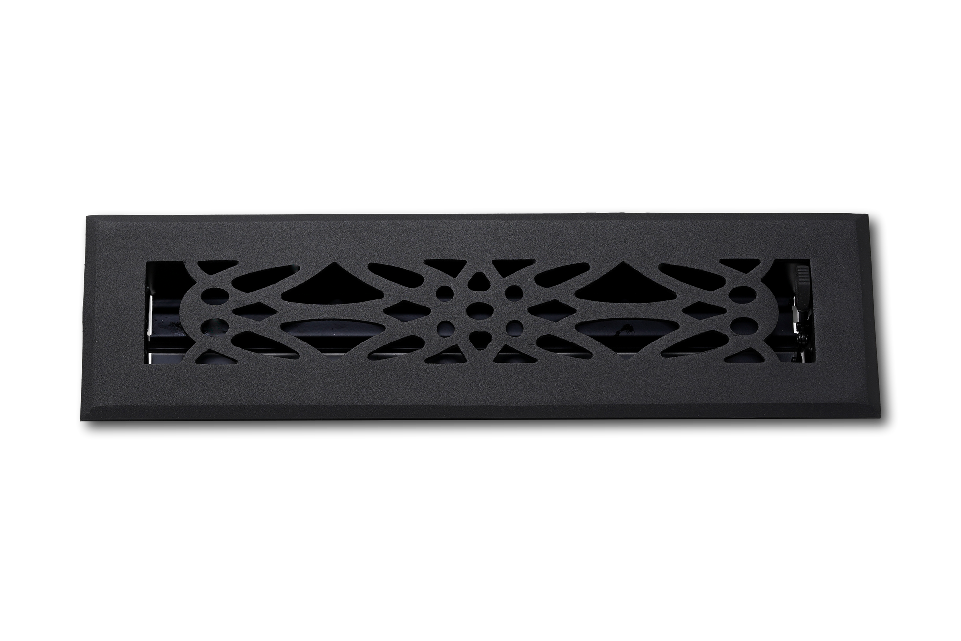 The Madelyn Carter Cast Aluminum Empire Vent Cover in black features a decorative cutout pattern and is displayed against a plain light gray background.