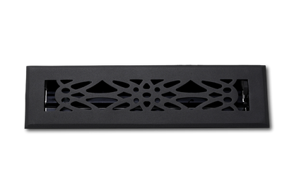 The Madelyn Carter Cast Aluminum Empire Vent Cover in black features a decorative cutout pattern and is displayed against a plain light gray background.