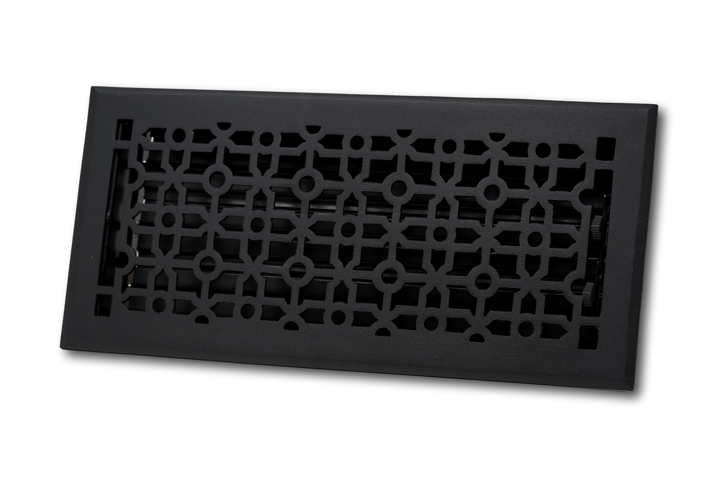 The Madelyn Carter Cast Aluminum Cathedral Vent Cover in black features a geometric cathedral-style grille design on a white background.