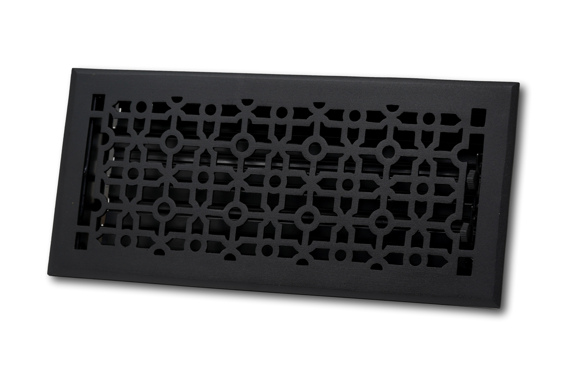 The Madelyn Carter Cast Aluminum Cathedral Vent Cover in black features a geometric cathedral-style grille design on a white background.