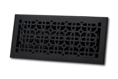The Madelyn Carter Cast Aluminum Cathedral Vent Cover in black features a geometric cathedral-style grille design on a white background.
