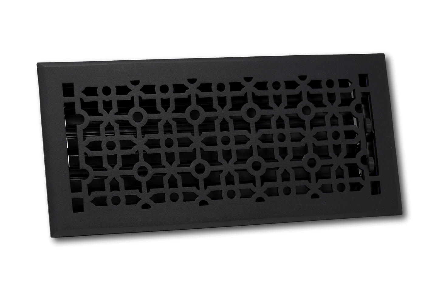 The Madelyn Carter Cast Aluminum Cathedral Vent Cover in black features a decorative geometric design and is displayed against a plain white background, offering both durability and elegance.