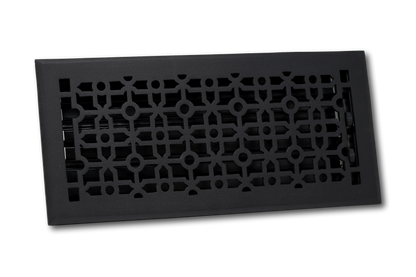 The Madelyn Carter Cast Aluminum Cathedral Vent Cover in black features a decorative geometric design and is displayed against a plain white background, offering both durability and elegance.