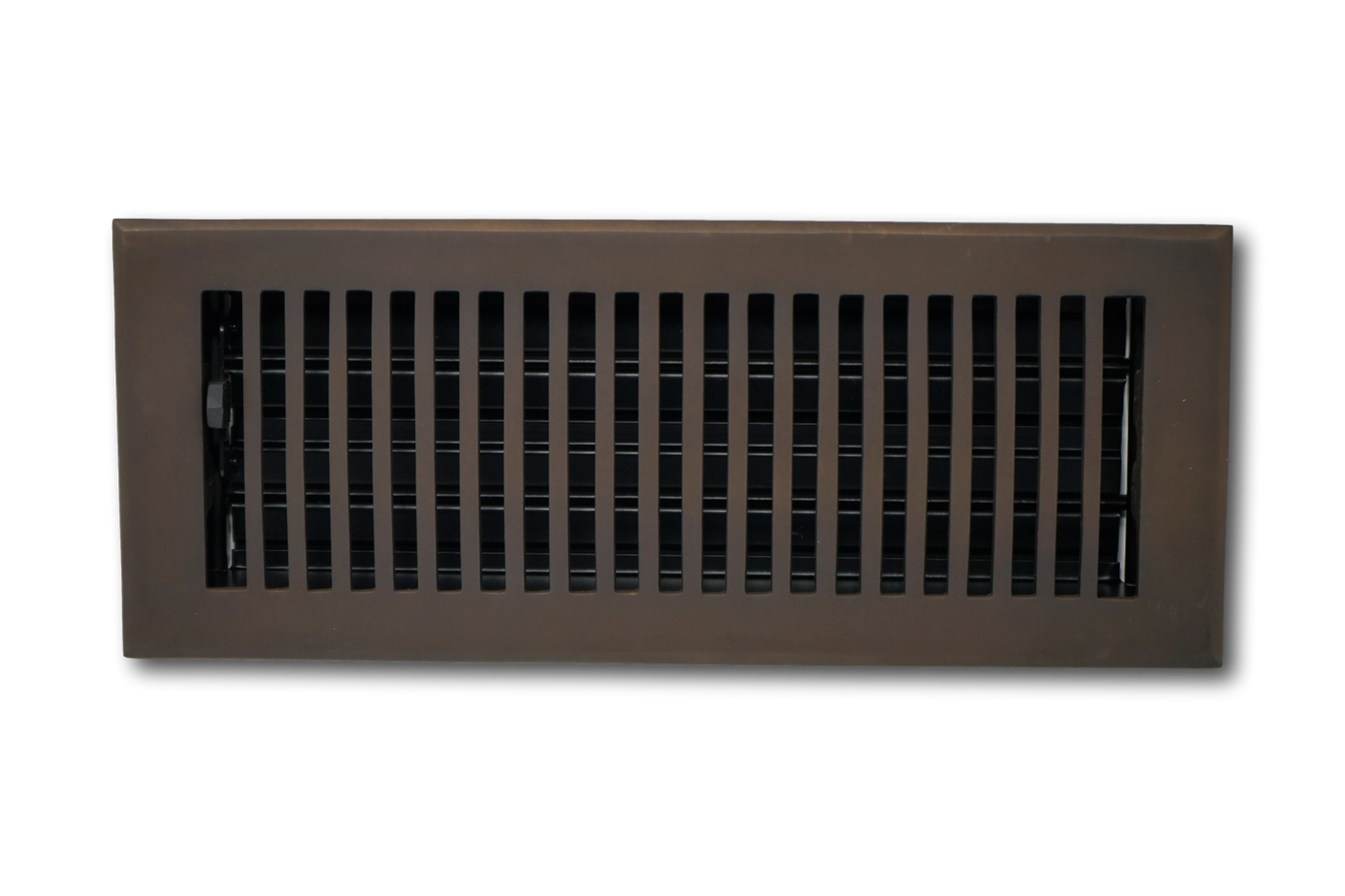The Madelyn Carter Cast Brass Contemporary Vent Cover in oil rubbed bronze features vertical slats and a rectangular design, shown against a plain white background.