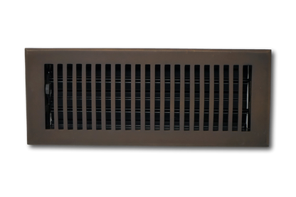 The Madelyn Carter Cast Brass Contemporary Vent Cover in oil rubbed bronze features vertical slats and a rectangular design, shown against a plain white background.