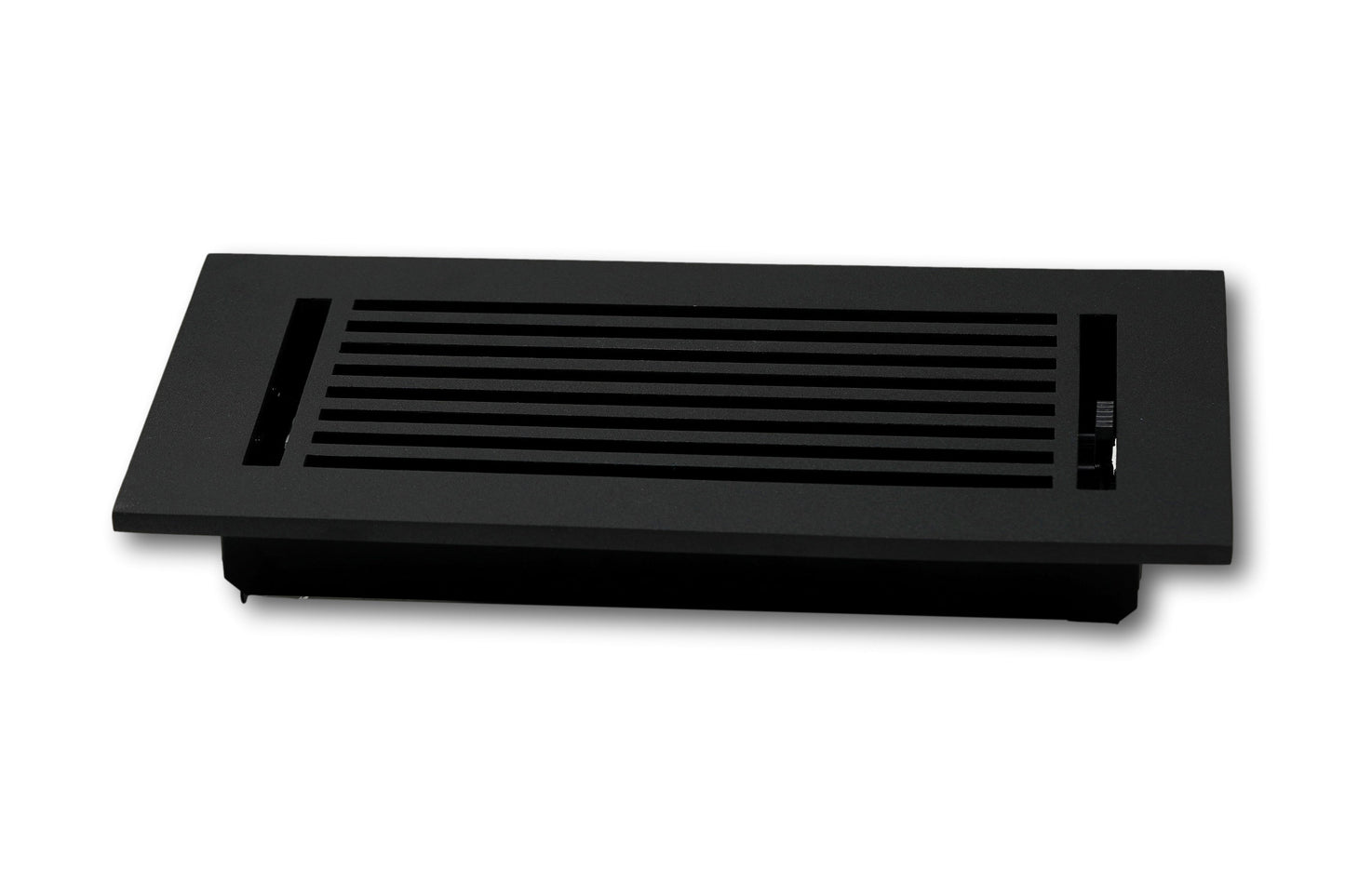 The Madelyn Carter Cast Aluminum Linear Bar Vent Cover in black features horizontal slats, a right-side adjustable airflow lever, and a rust-resistant finish—ideal for floors or walls.