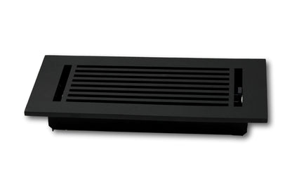 The Madelyn Carter Cast Aluminum Linear Bar Vent Cover in black features horizontal slats, a right-side adjustable airflow lever, and a rust-resistant finish—ideal for floors or walls.