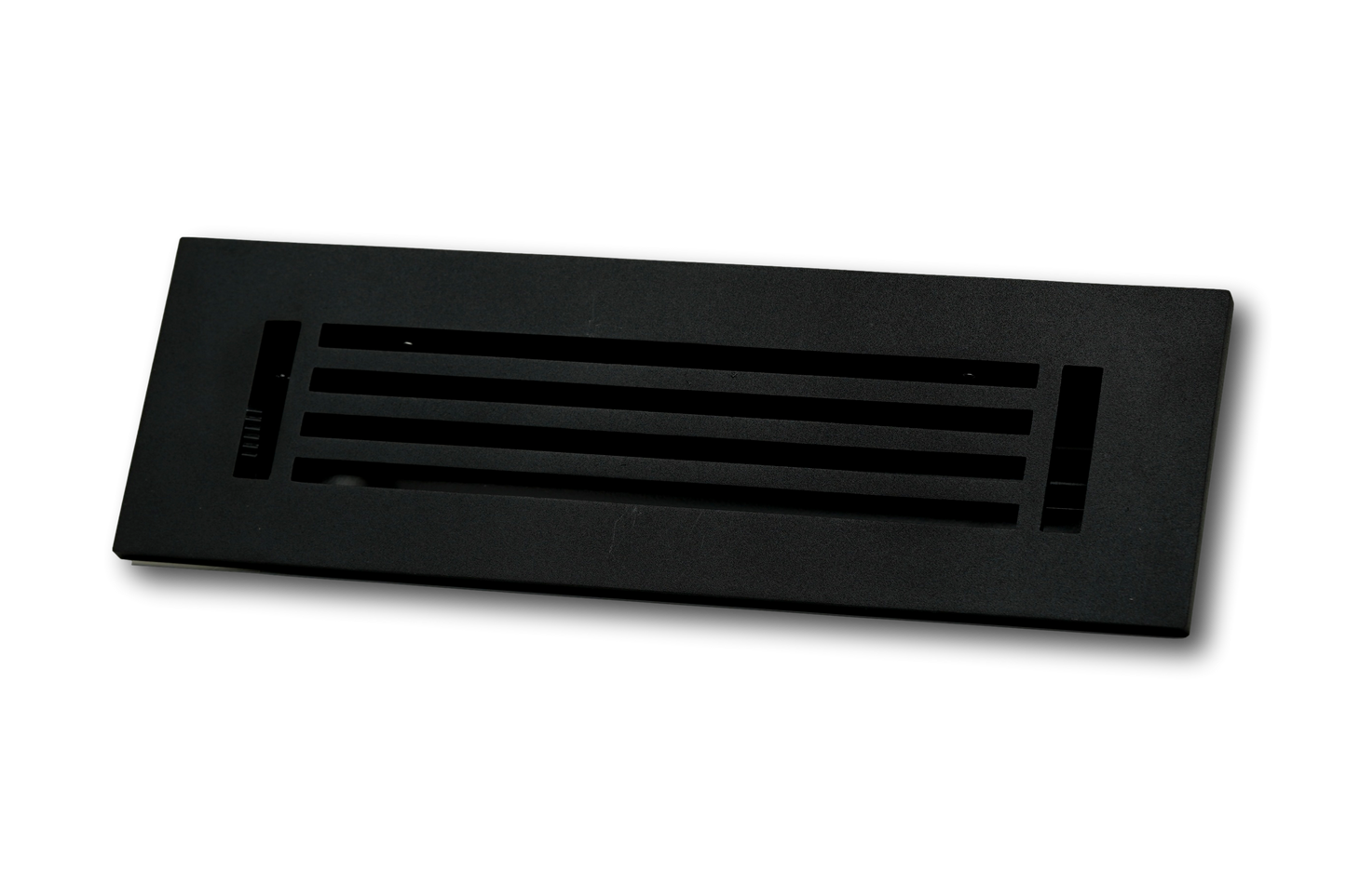 The Madelyn Carter Cast Aluminum Linear Bar Vent Cover in black, featuring horizontal slats and rust-resistant metal, is shown on a plain white background.