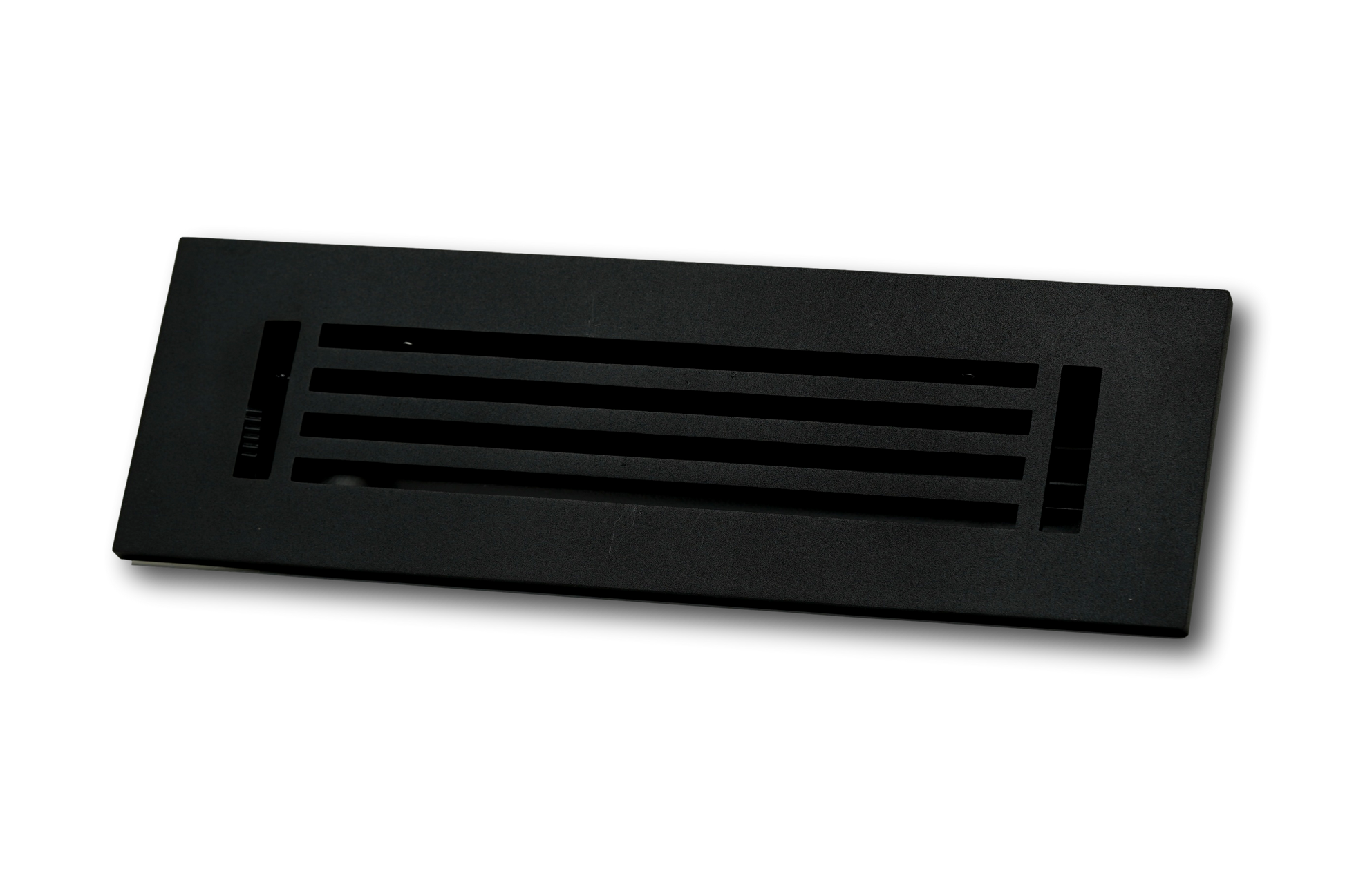 The Madelyn Carter Cast Aluminum Linear Bar Vent Cover in black, featuring horizontal slats and rust-resistant metal, is shown on a plain white background.