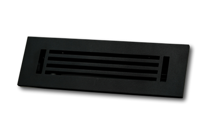The Madelyn Carter Cast Aluminum Linear Bar Vent Cover in black, featuring horizontal slats and rust-resistant metal, is shown on a plain white background.