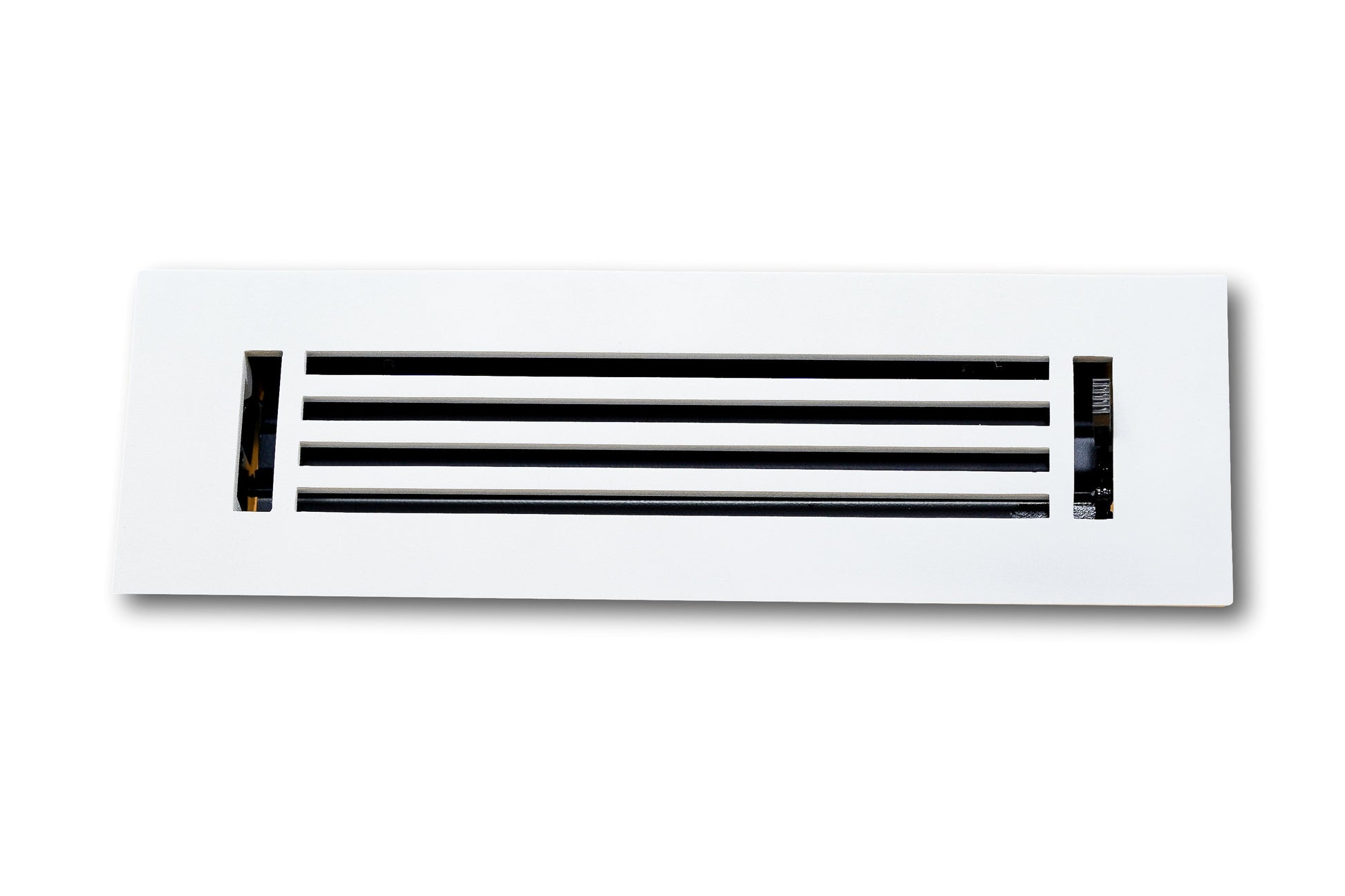 The Madelyn Carter Cast Aluminum Linear Bar Vent Cover in white features horizontal black slats, is rust-resistant, and is shown against a white background.