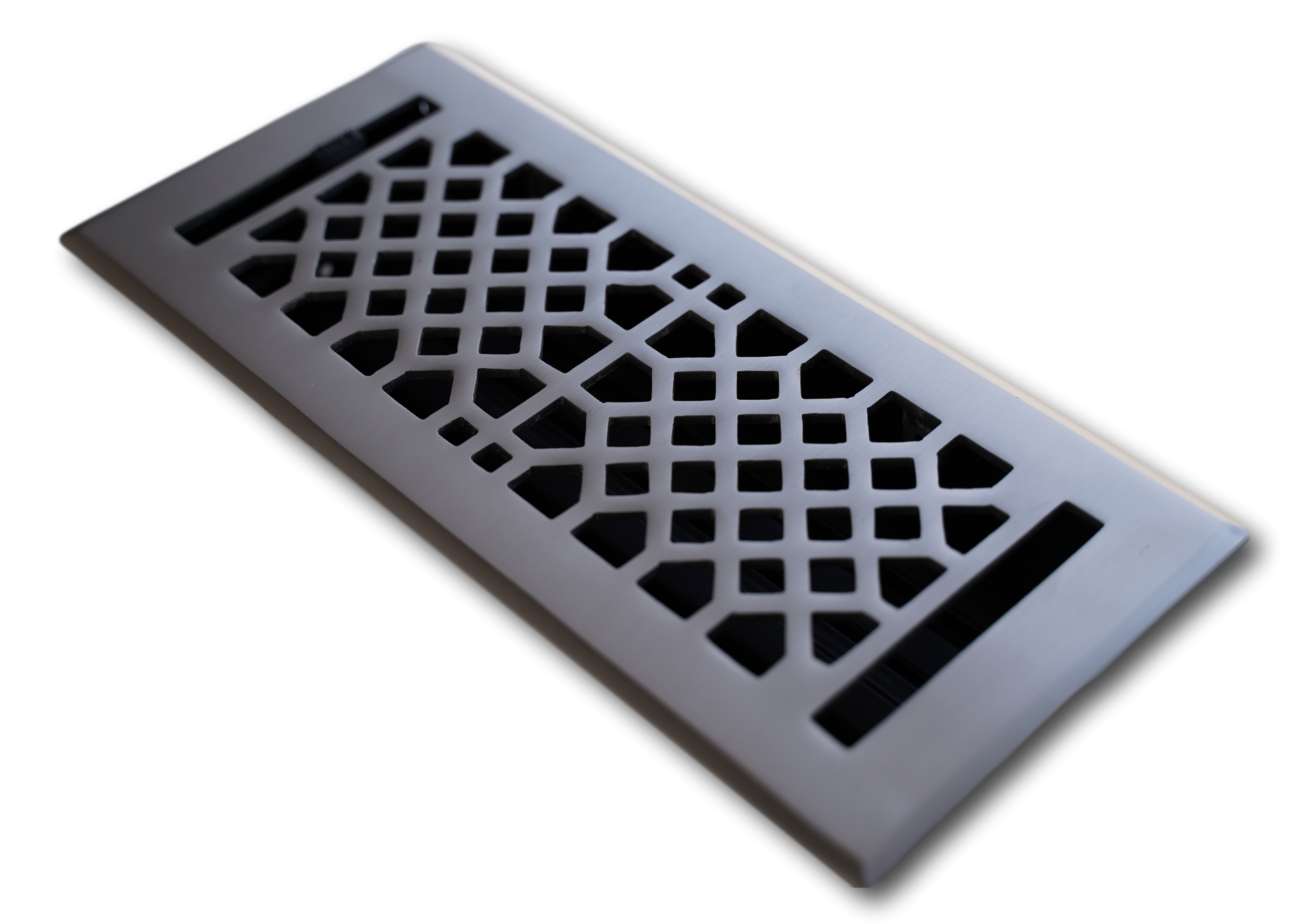 The Madelyn Carter Cast Brass Vintage Industrial Vent Cover in Brushed Nickel features a geometric lattice pattern and is shown at an angle on a white background.