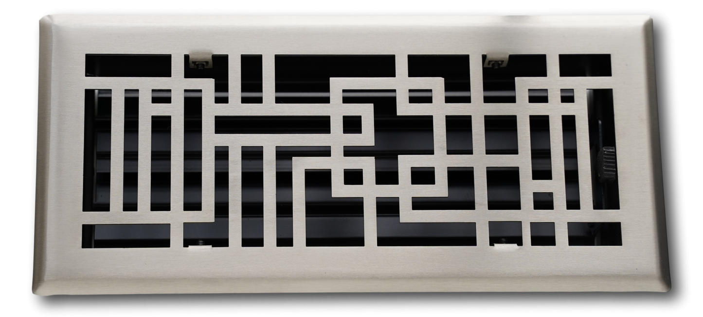 The Madelyn Carter Steel Capitman Art Deco Vent Cover in brushed nickel features a geometric maze-inspired pattern and a rectangular shape.
