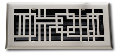 The Madelyn Carter Steel Capitman Art Deco Vent Cover in brushed nickel features a geometric maze-inspired pattern and a rectangular shape.