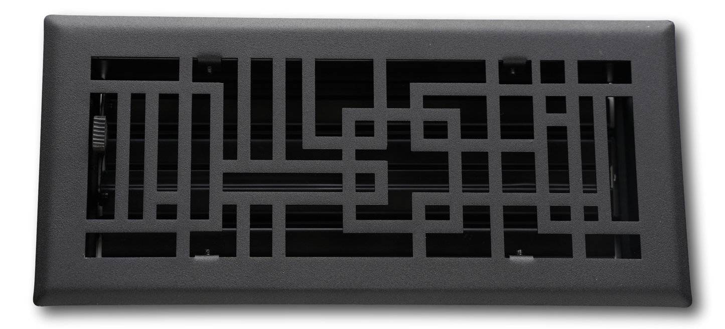 The Madelyn Carter Steel Capitman Art Deco Vent Cover in black features a geometric grid pattern and horizontal adjustable louvers behind the grille.