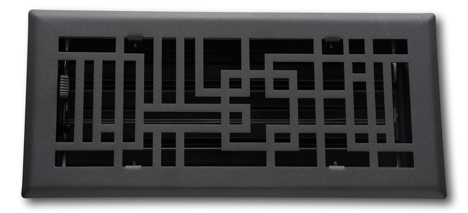 The Madelyn Carter Steel Capitman Art Deco Vent Cover in black features a geometric grid pattern and horizontal adjustable louvers behind the grille.