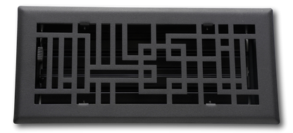 The Madelyn Carter Steel Capitman Art Deco Vent Cover in black features a geometric grid pattern and horizontal adjustable louvers behind the grille.