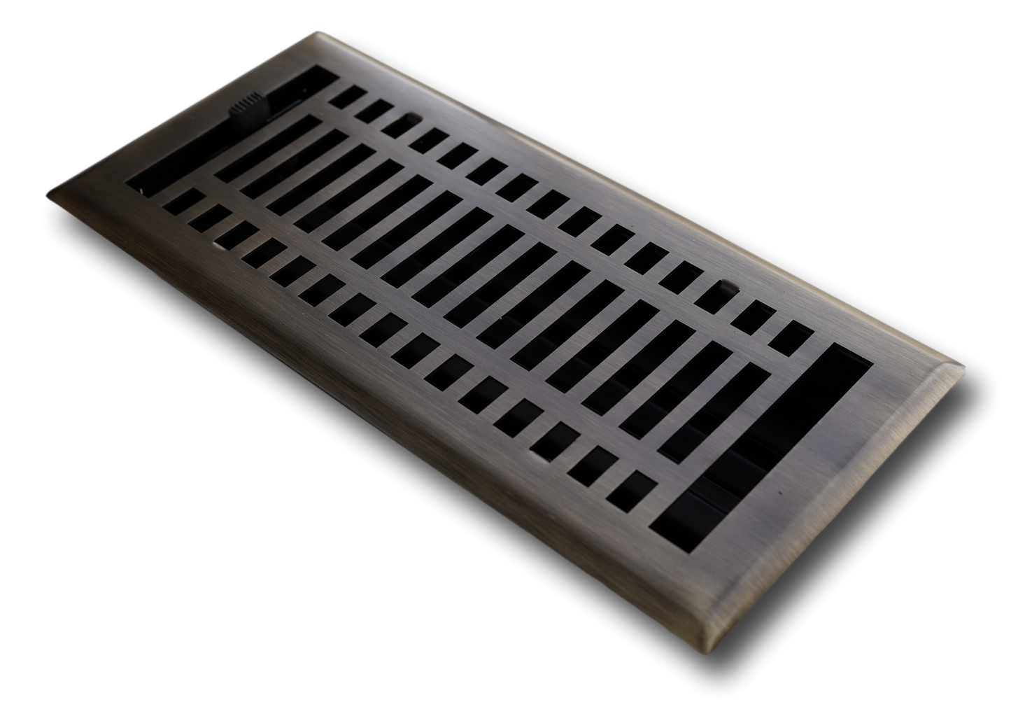 The Madelyn Carter Steel Modern Vent Cover in Antique Brass features a grid design, adjustable lever, and rust-resistant finish, shown against a white background.