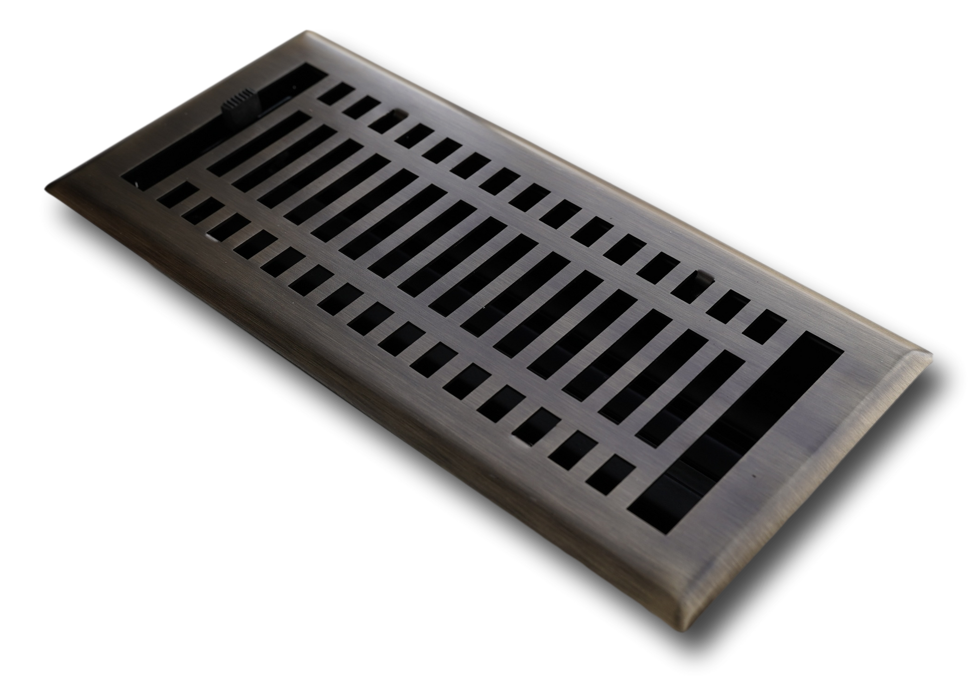 The Madelyn Carter Steel Modern Vent Cover in Antique Brass features a grid design, adjustable lever, and rust-resistant finish, shown against a white background.