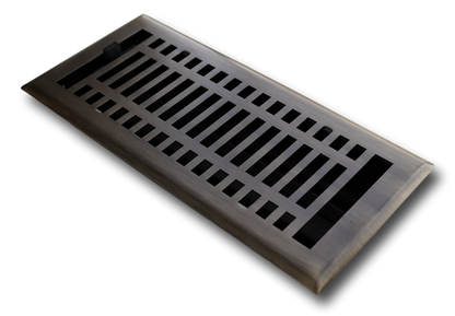 The Madelyn Carter Steel Modern Vent Cover in Antique Brass features a grid design, adjustable lever, and rust-resistant finish, shown against a white background.