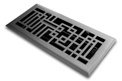 The Madelyn Carter Steel Capitman Art Deco Vent Cover in brushed nickel features a geometric, maze-like design and is shown on a white background.