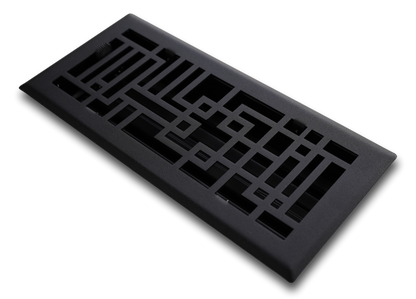 The Madelyn Carter Steel Capitman Art Deco Vent Cover in black features a geometric pattern and is crafted from steel, shown on a white background.