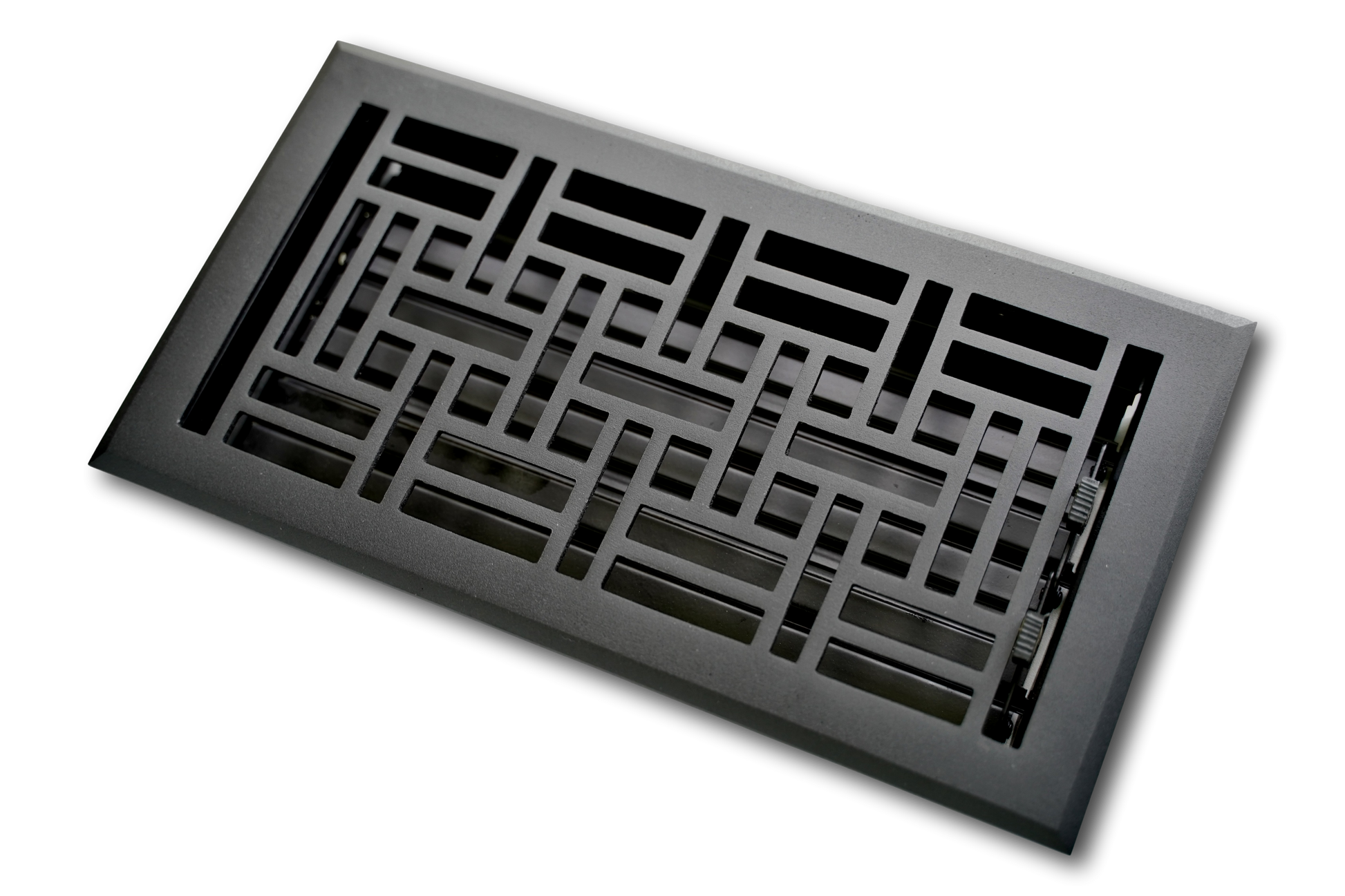 The Madelyn Carter Cast Aluminum Arts & Crafts Vent Cover in black features a geometric pattern and adjustable airflow control, inspired by classic designs.